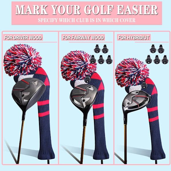 3-pack Pom Golf Head Covers för Woods 1 3 5 Driver Fairway Hybrider, med Nummeretikett, Stickade Golf Head Covers, Röd 135