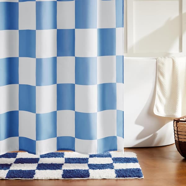 Blåt ternet badeforhæng til badeværelset, smukt retro ternet badeforhæng, maskinvaskbart, 183 x 183 cm