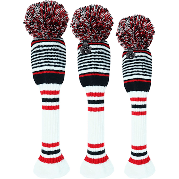 3-pack Pom Golf Head Covers för Woods 1 3 5 Driver Fairway Hybrider, med Nummeretikett, Stickade Golf Head Covers, Vit 135