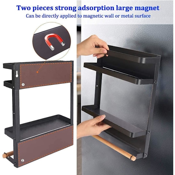 Kryddhylla för Kylskåp, Magnetisk Hylla med Pappershanddukshållare, 2-Vånings Köksförvaringshylla för Kylskåp (Svart, 9.9D x 31.5B x 33.5H cm) Black