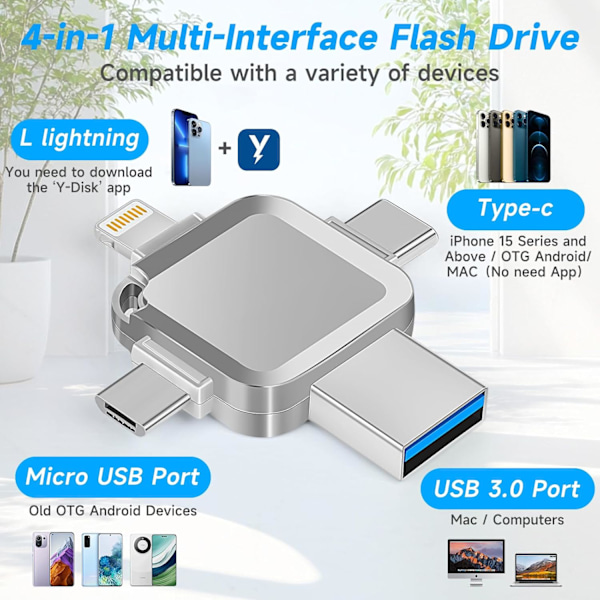4-i-1 USB-minne med Lightning+Micro USB+Type-C+USB-minne (256 GB) 256 GB
