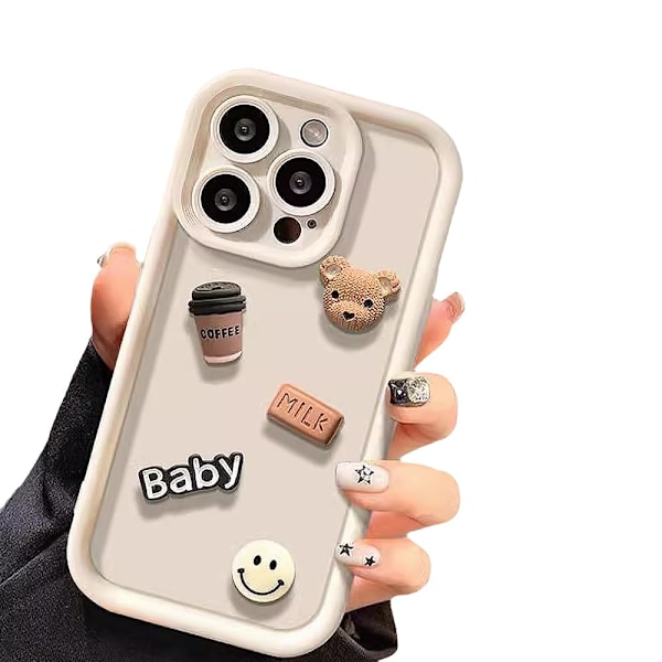 iPhone Skal, 3D Söt Kaffe Björn Kameralinsskydd Stöttåligt Skyddsskal (iPhone 15 Pro Max, Vit) White
