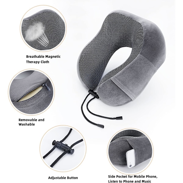 Rese Nackkudde, Memory Foam, Mjuk, Bekväm och Stödjande Nackkudde för Flygresor, U-formad Kudde för Sömn med Förvaringsväska, Grå Grey