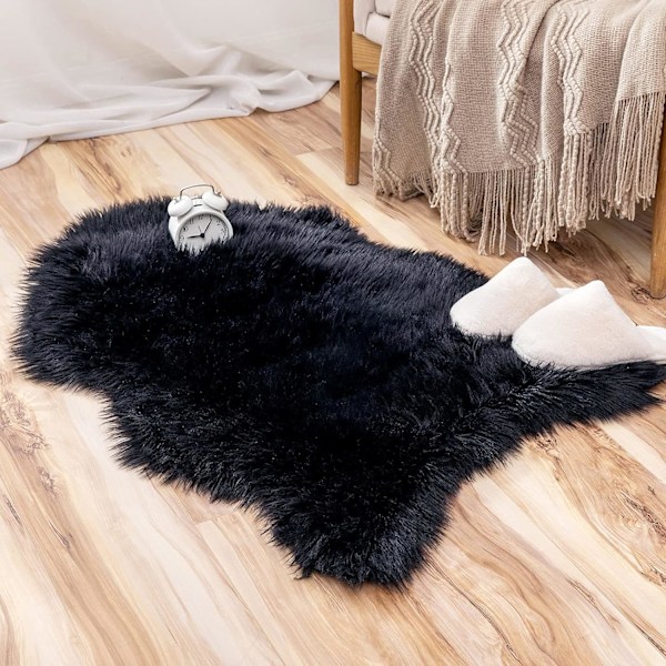 Fuskpäls Mattor, Fårskinnsmatta, Mjuk Luddig Matta för Sovrum Soffa Golv, 60 x 90 cm, Oregelbunden Form, Svart black