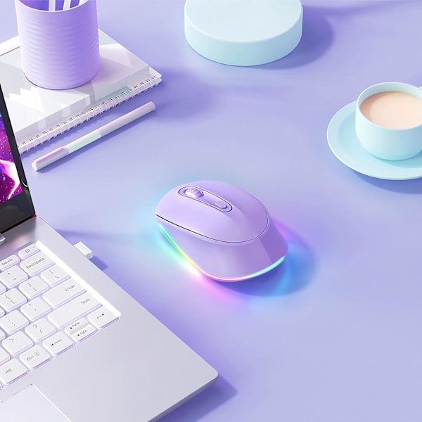 Uppladdningsbar trådlös mus med ljus för laptop, liten mus med tyst klick och regnbågs LED-lampor, Lila purple