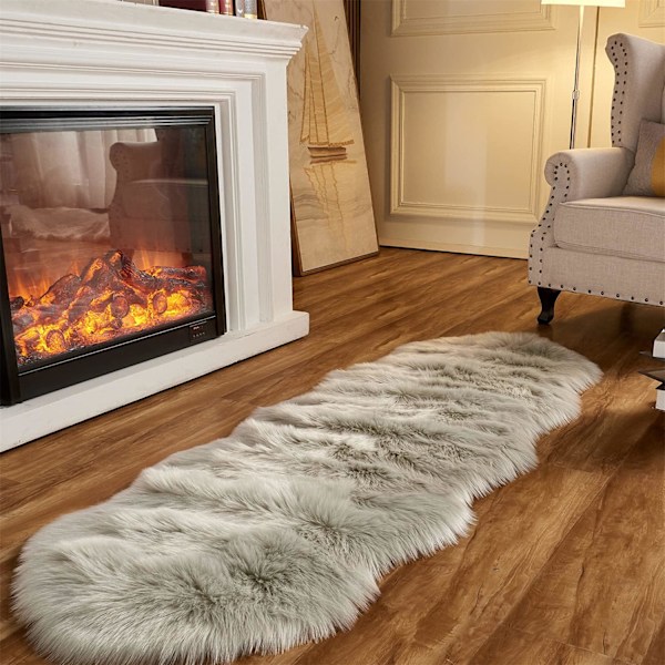 Fuskpälsfårskinnsmatta, Heminredningsmatta för Sovrum, Fluffig Liten Pälsmatta, Luddig Ryamatta för Vardagsrum, 0,6 x 1,8 Meter, Ljusgrå grey