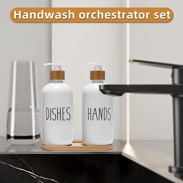 Glas Sæbedispenser Sæt, Opvaskemiddelsdispenser til Køkkenvask, Håndsæbedispenser til Badeværelse med Bambuspumpe og Sæbebakke, Bondegårdsindretning 4*1