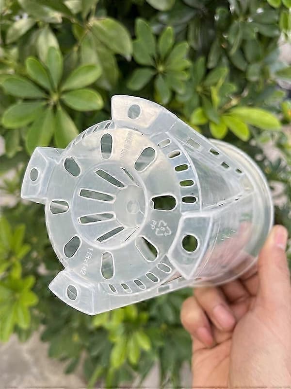 Sæt med 2 potter Diameter 14 cm i gennemsigtig plast til orkideer, stive vaser med drænhuller og underskåle