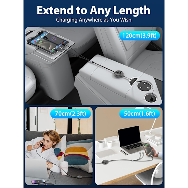 6-i-1 Infällbar iPhone Laddningskabel med E-Mark Chip, 100W USB A/USB C Snabb Infällbar iPhone Laddningskabel med Type C/Micro USB/IP