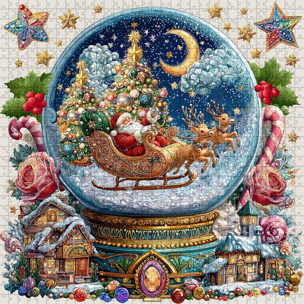 Julpussel 1000 bitar för vuxna, snöglob kristallkula pussel med tomte snöig by present