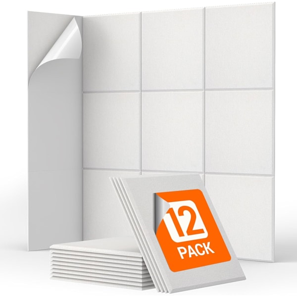 12-pack Självhäftande Akustikpaneler, 30x30x0,9cm Fyrkantiga, Högdensitets Termisk Isolering Akustikpaneler för Studio, Spelrum, Kontor, Vit