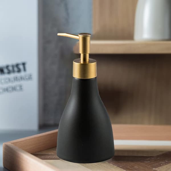 Konisk Håndsæbedispenser til køkken, keramisk opvaskemiddeldispenserflaske til brusebad, guld og sort sæbedispenser til badeværelse, 280 ml/9,5 oz. (Sort)