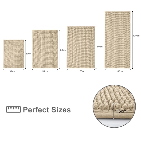 Halkfri Badrumsmatta i Chenille, Extra Mjuk Superabsorberande Fluffig Badrumsmatta för Badrum, Maskintvättbar Fotmatta, 40 x 60 cm, Beige Khaki