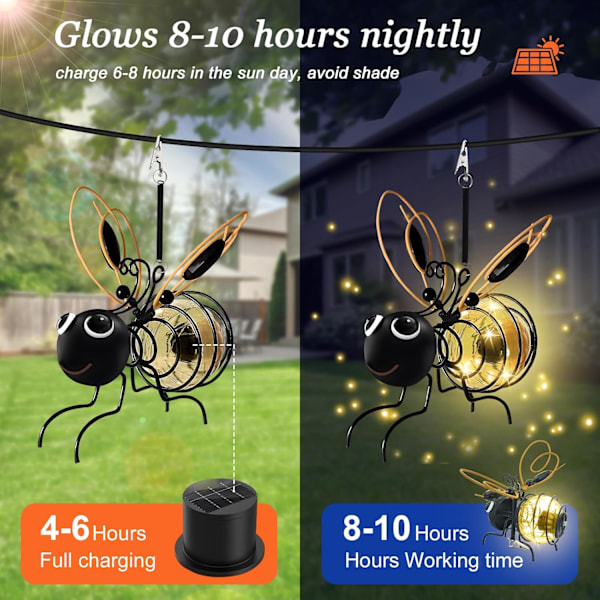 2-pack Hängande Bi Solar Lampor, Clip-on Vattentäta Solar Trädgårdslampor med Fjädrar, Trädgårdsdekorationer, för Uteplats Balkong Lusthus