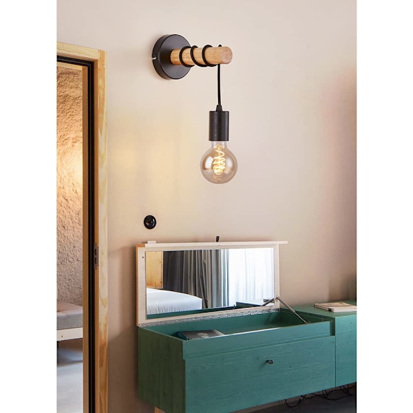 Vägglampa för inomhusbruk, retro industriell design, trä & metall, belysning för vardagsrum & sovrum, E27 sockel, för max 60W LED-lampa, Utan glödlampa, svart