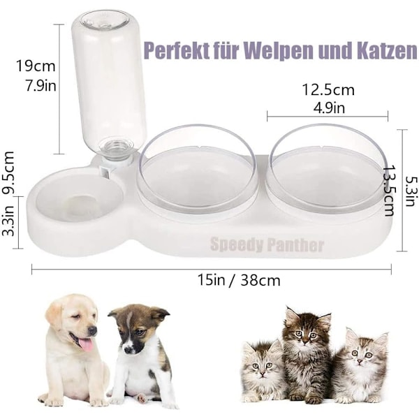 Kattmatskålset 15° Vinklad Dubbel Matskål för Våt- och Torrfoder, med Automatisk Vattenflaska, för Små och Mellanstora Hundar och Katter. Vit White