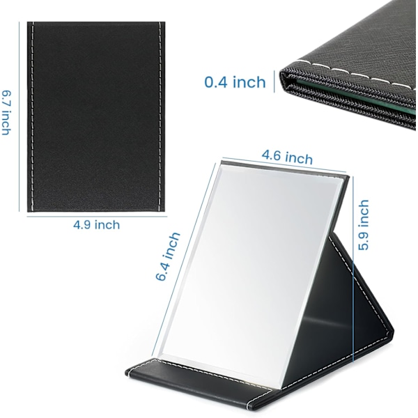 16x12cm Portabel Fällbar Spegel, UHD Kompakt Sminkspegel, Svart PU Läder Resespegel, Skrivbords Fällbar Spegel, Svart Black 17*12cm