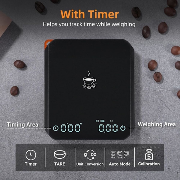 Mini Kaffevåg, med Automatisk Timer, Uppladdningsbar Espressovåg med Timer, 2kg/0.1g Högprecisionsvåg för Kaffebönor, Svart