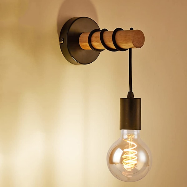 Vägglampa för inomhusbruk, retro industriell design, trä & metall, belysning för vardagsrum & sovrum, E27 sockel, för max 60W LED-lampa, Utan glödlampa, svart