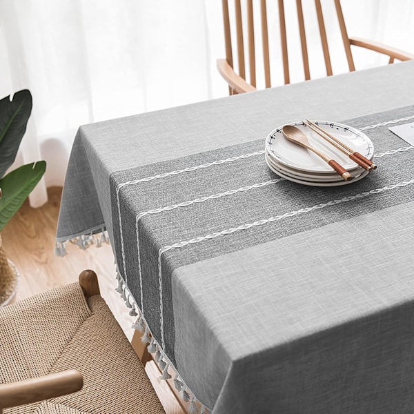 Rektangulär bordsduk i bomullslinne, skrynkelfri, tvättbar bordsduk i bondgårdsstil 55''x70'', Grå Grey 2