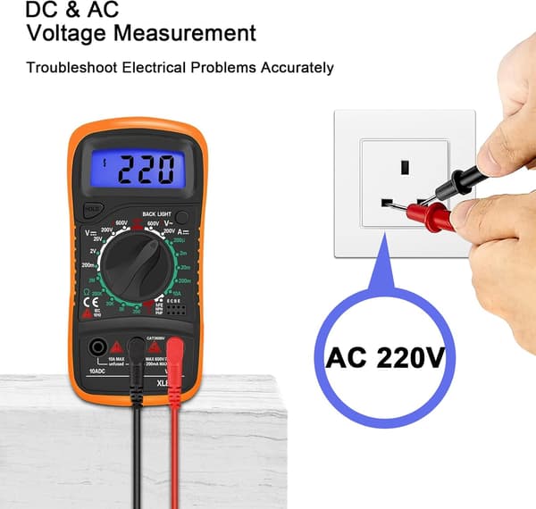 Digital Multimeter Voltmeter, Batterispændings Multi Tester, AC DC Volt OHM Amp Strømmåler, Elektrisk Tester med Testledninger Baggrundsbelyst LCD-display