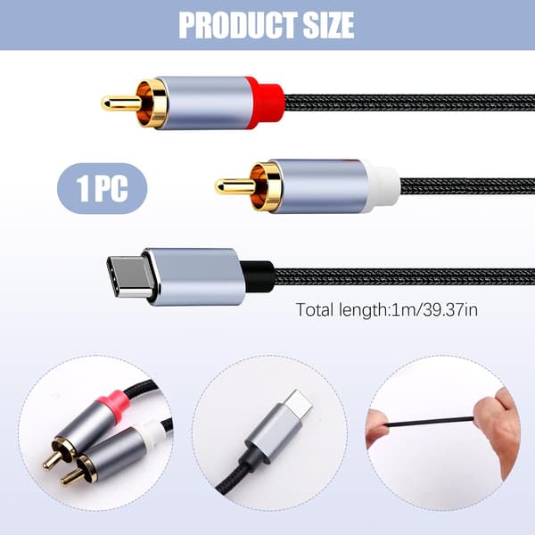 1m USB Type C til 2 RCA Lydkabel, USB Type C Han til RCA Han Y Splitter Lydkabel, Nylonflettet Phono Rød og Hvid Lyd DAC Kabel