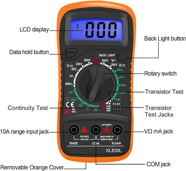 Digital Multimeter Voltmeter, Batterispændings Multi Tester, AC DC Volt OHM Amp Strømmåler, Elektrisk Tester med Testledninger Baggrundsbelyst LCD-display