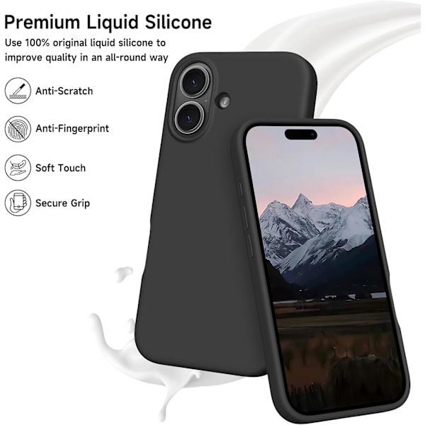 Flytande Silikon Skal för iPhone 16 Plus, Fullständigt Skyddande Hölje, Mjukt Ultra Slim Telefonskal med Anti-Rep Mikrofiberfoder, 6.7\", Svart iPhone 16 plus