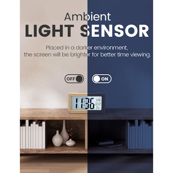 Digital väckarklocka, sängklocka i trä med stor bakgrundsbelyst LCD-display, temperatur, snooze-funktion, ljusstyrkesensor. Bok