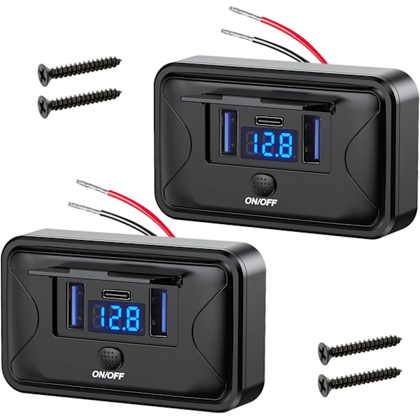 RV USB-uttag, Dubbla 18W USB A & 36W USB C Laddningsuttagspanel med Voltmeter & ON/Off-brytare för Bil Båt, 2st