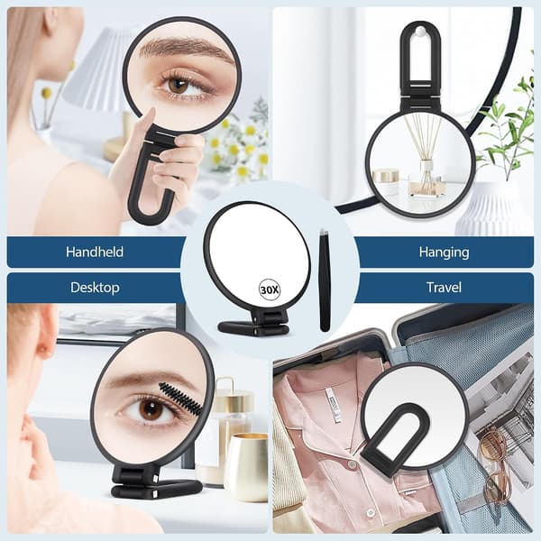 Dobbeltsidet makeup-spejl (1X/30X), foldbart og bærbart, praktisk til præcis makeup-påføring når som helst, hvor som helst - mat sort Black