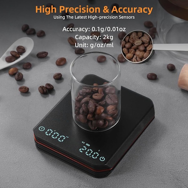 Mini Kaffevåg, med Automatisk Timer, Uppladdningsbar Espressovåg med Timer, 2kg/0.1g Högprecisionsvåg för Kaffebönor, Svart