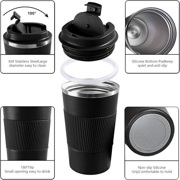 Isolerad Resemugg Spillfri Läcksäker Bärbar Rostfritt Stål för Camping (Svart, 414 ml) Black