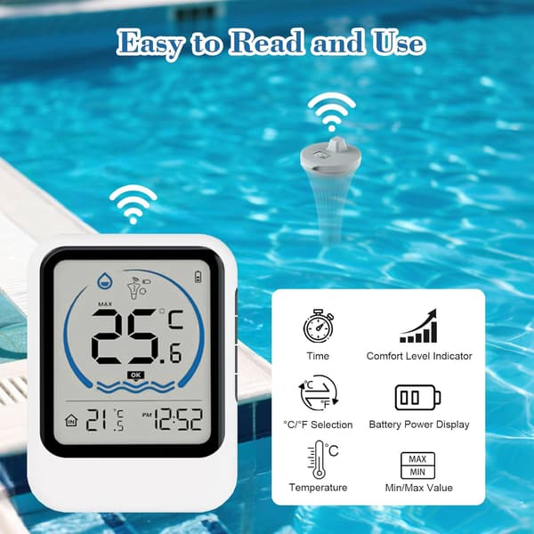 Termometer för pool, vattentät trådlös pooltermometer, trådlös flytande pooltermometer, för akvarier