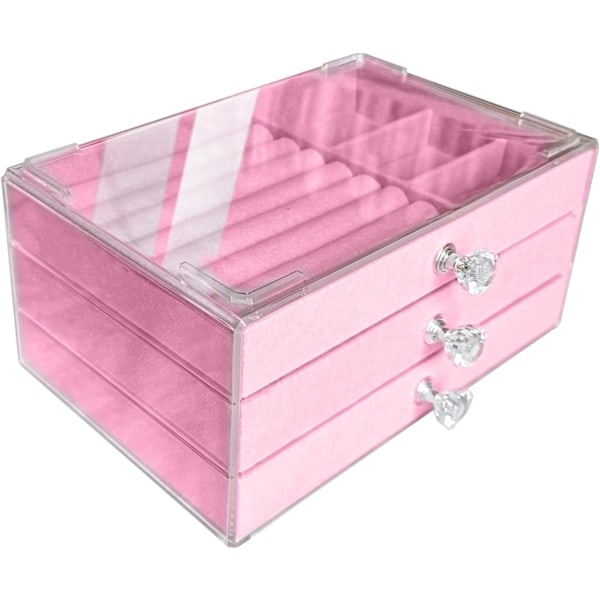 Klar Smyckesorganisatör i Akryl med Sammet och 3 Lådor, Stapelbar Låda för Förvaring av Örhängen, Halsband, Ringar och Armband för Kvinnor, Rosa pink