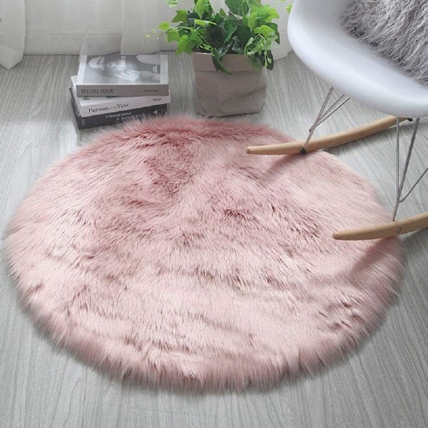 Rund matta i fuskpäls, Fårskinnsimitation, Mjuk golvmatta, för sovrum vardagsrum, Rosa - Diam 50 cm pink