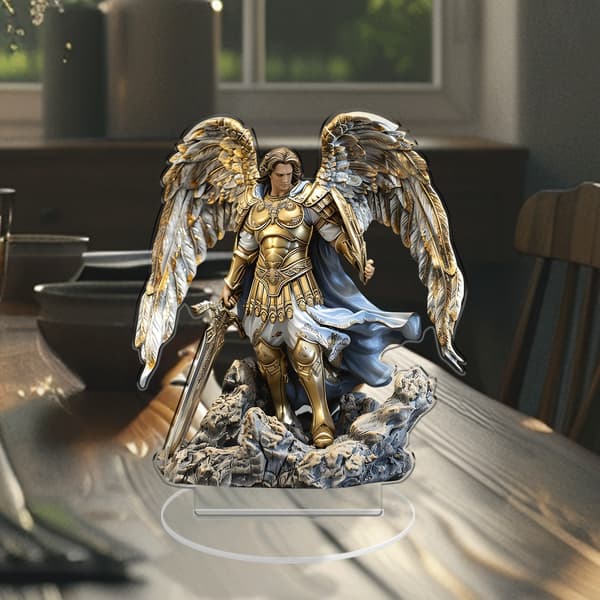 Akryl engelstatue, elegant erkeengel Mikael akrylskulptur, skrivebordsdekorasjon, stuedekorasjon (2D)