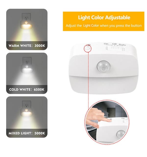 4-pack LED-nattlampor med rörelsesensor – 3 ljusstyrkenivåer, skymningssensor för hall och badrum