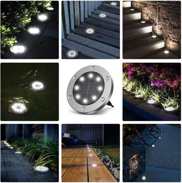 Solcellelamper til nedgravning, Version 8 LED Solcelle Disklamper Udendørs, IP65 Vandtæt, Kold Hvid Landskabsbelysning Til Græsplæne Gårdhave Adgangsvej Indkørsel White light