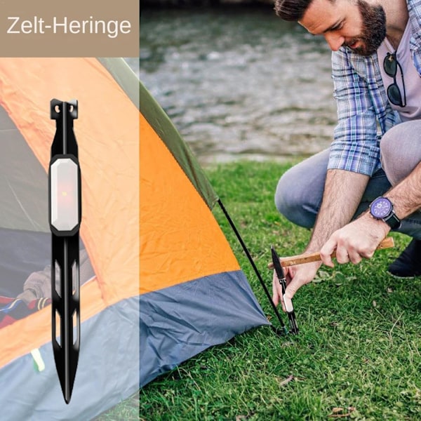 Kraftiga tältpinnar - Markpinnar 4-pack med LED-ljus | V-formade pinnar för picknickskydd, tältspikar, campingtillbehör, svart Black