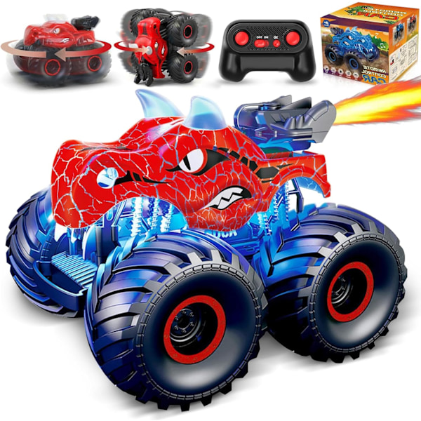 Dinosaurie Fjärrkontrollbilar för Barn, Leksaker för Barn Ålder 3 4 5 6 7 8 År Gammal Pojke Monstertruck 3-9 Pojkar Födelsedagspresenter Utomhusbil, Röd