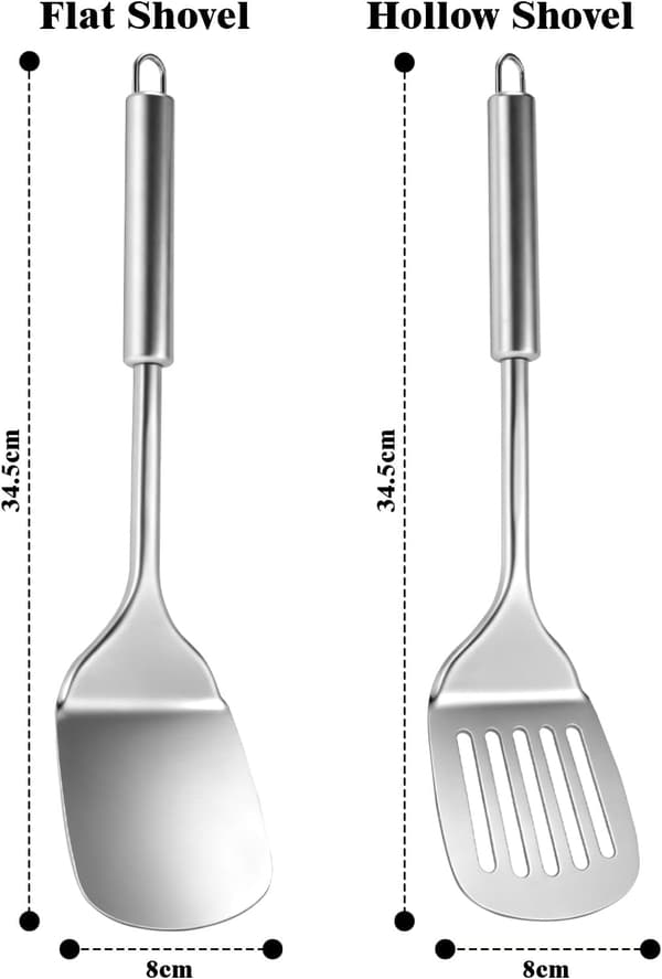 2-delt spatelsæt i rustfrit stål til køkkenet, robuste køkkenredskaber i rustfrit stål, solid varmebestandig spatel, sølv perforeret serveringsske