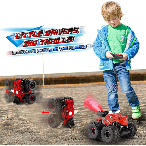 Dinosaurie Fjärrkontrollbilar för Barn, Leksaker för Barn Ålder 3 4 5 6 7 8 År Gammal Pojke Monstertruck 3-9 Pojkar Födelsedagspresenter Utomhusbil, Röd