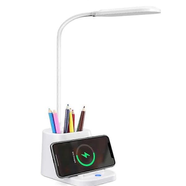 LED Skrivebordslampe, Trådløs Lader, Penneholder, 3 Lysmoduser
