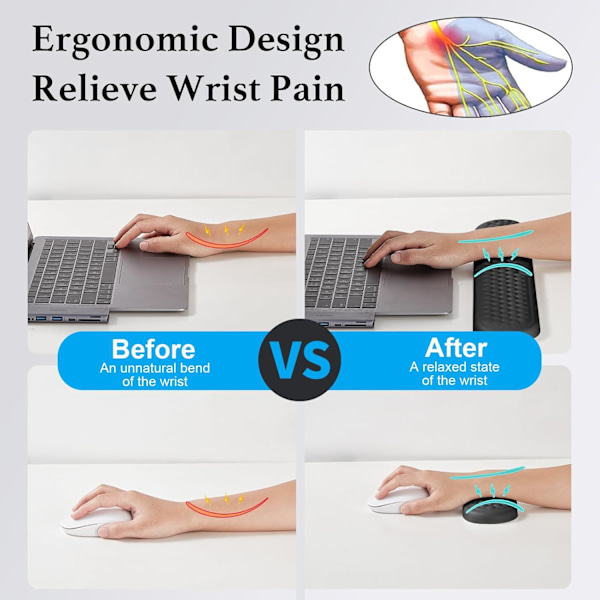 Ergonomiskt handledsstöd för tangentbord med PU-läder och memory foam, bekvämt handledsstöd för laptop, tangentbordsplatta för att lindra smärta vid skrivande (Svart) Black