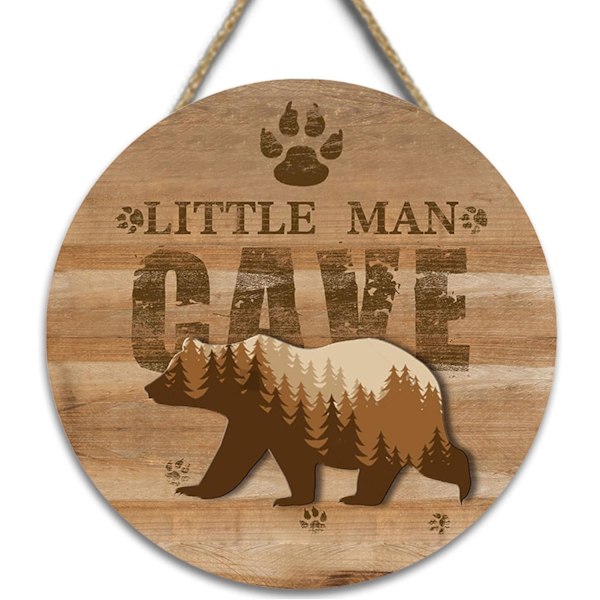 Liten Man Cave-skylt i trä för babyrumsinredning, rustik bondgårdsbjörn väggkonstdekor hängande dekor för barnrum (B) B
