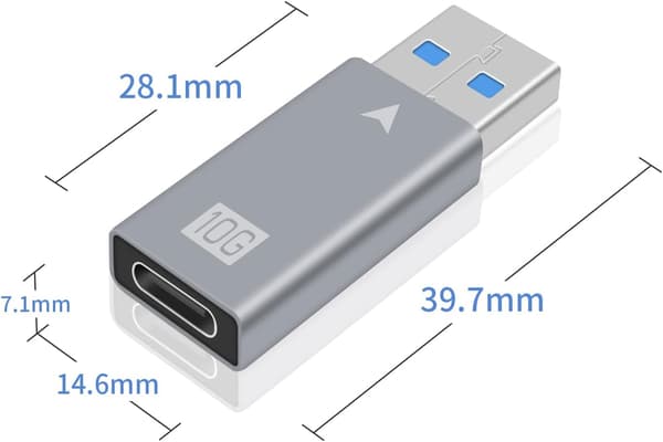 USB-sovitin, USB C Naaras - USB Uros -sovitin, 10 Gbps USB C -sisääntulo - 5 Gbps USB 3.0 A -ulostulo -sovitin tyypin A kaapeliliittimen laturille ja datan synkronointiin