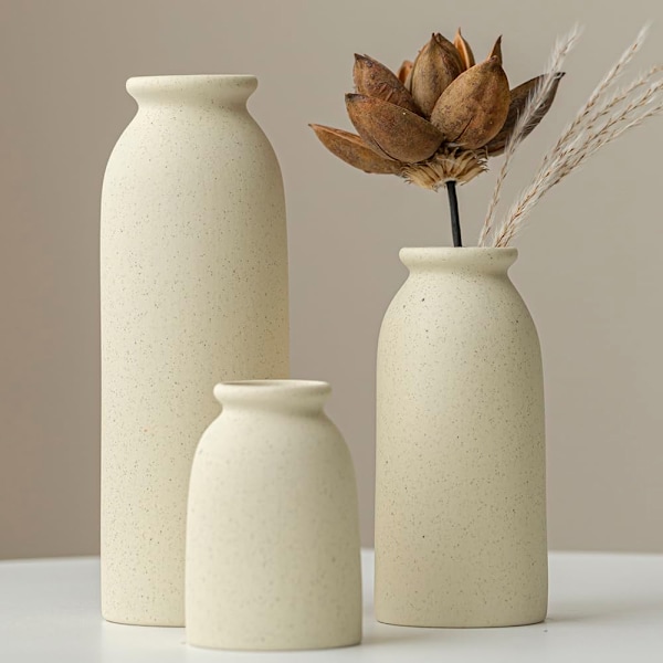 Set med 3, små beige keramiska vaser för heminredning och bordsdekorationer, rustik bondgårdsstil Beige