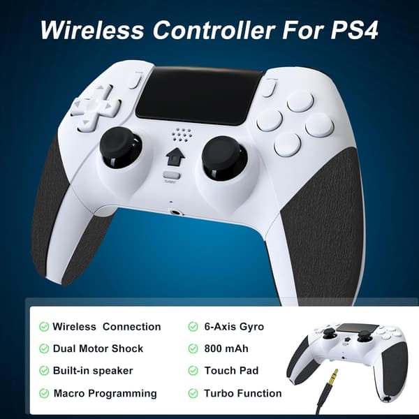 Gamepad Joystick Kontroller Kompatibel med PS4/Pro/Slim med Dubbel Vibration/6-Axis Gyro Sensor/Turbo/Programmerbara Knappar (Vit) White