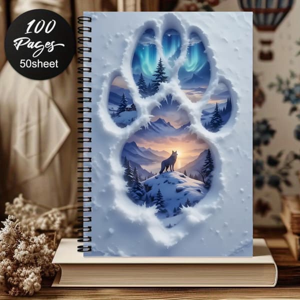 Wolf Paw Aurora Berg Spiral Notesbog, A5 Kreativ 3D Visuel Dagbog, Studenter Notesbog